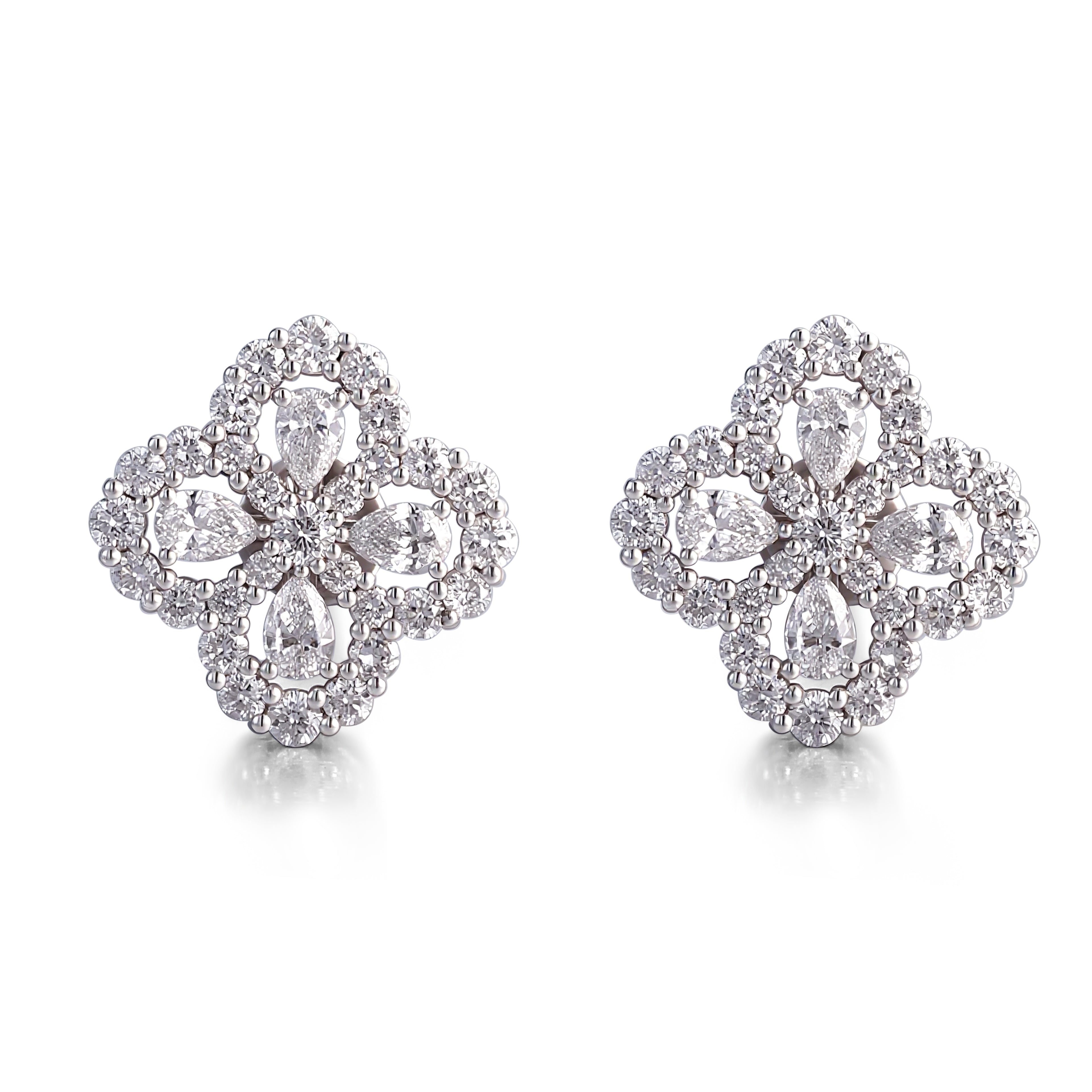 Four-Leaf Clover Stud Earrings featuring Pear Cut & Round Lab Grown Diamonds in 18K White Gold