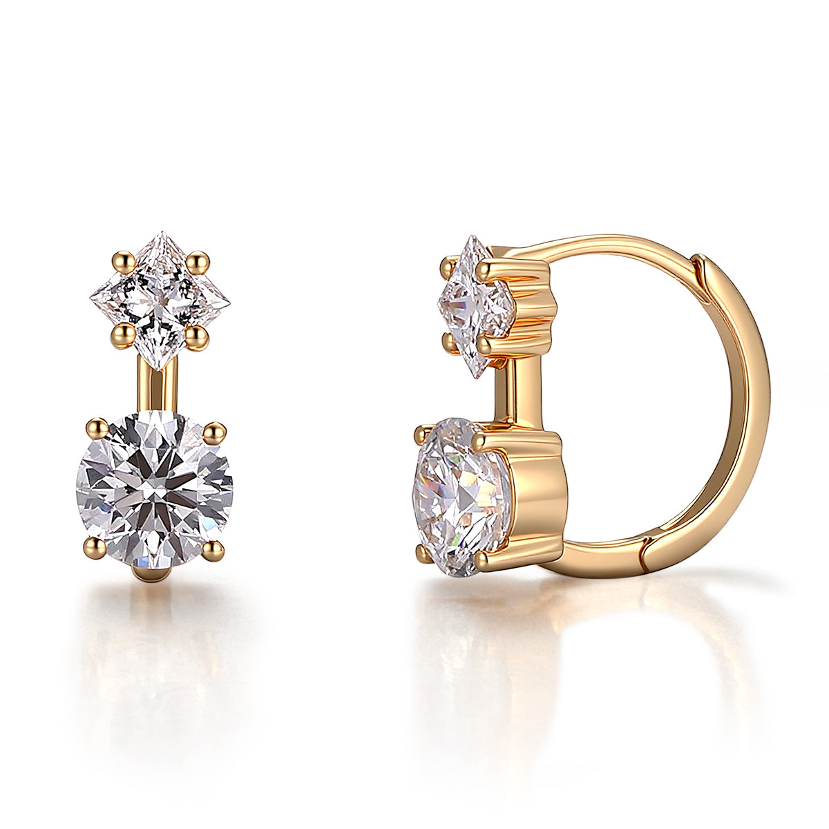 18K Yellow Gold Earrings with Princess & Round Lab grown Diamonds