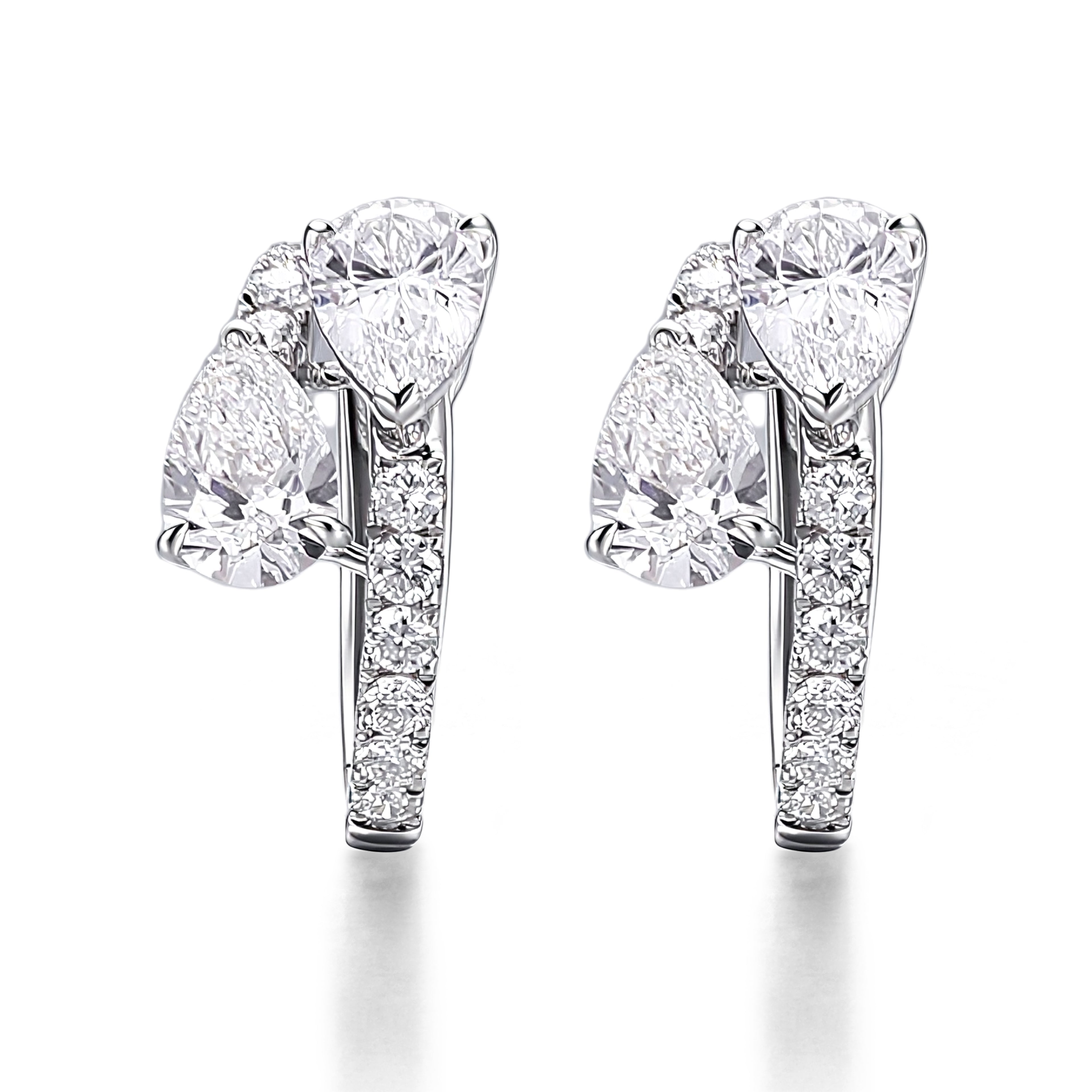 Stunning Pear and Round Lab Diamond Cluster Huggie Earrings in 18k White Gold