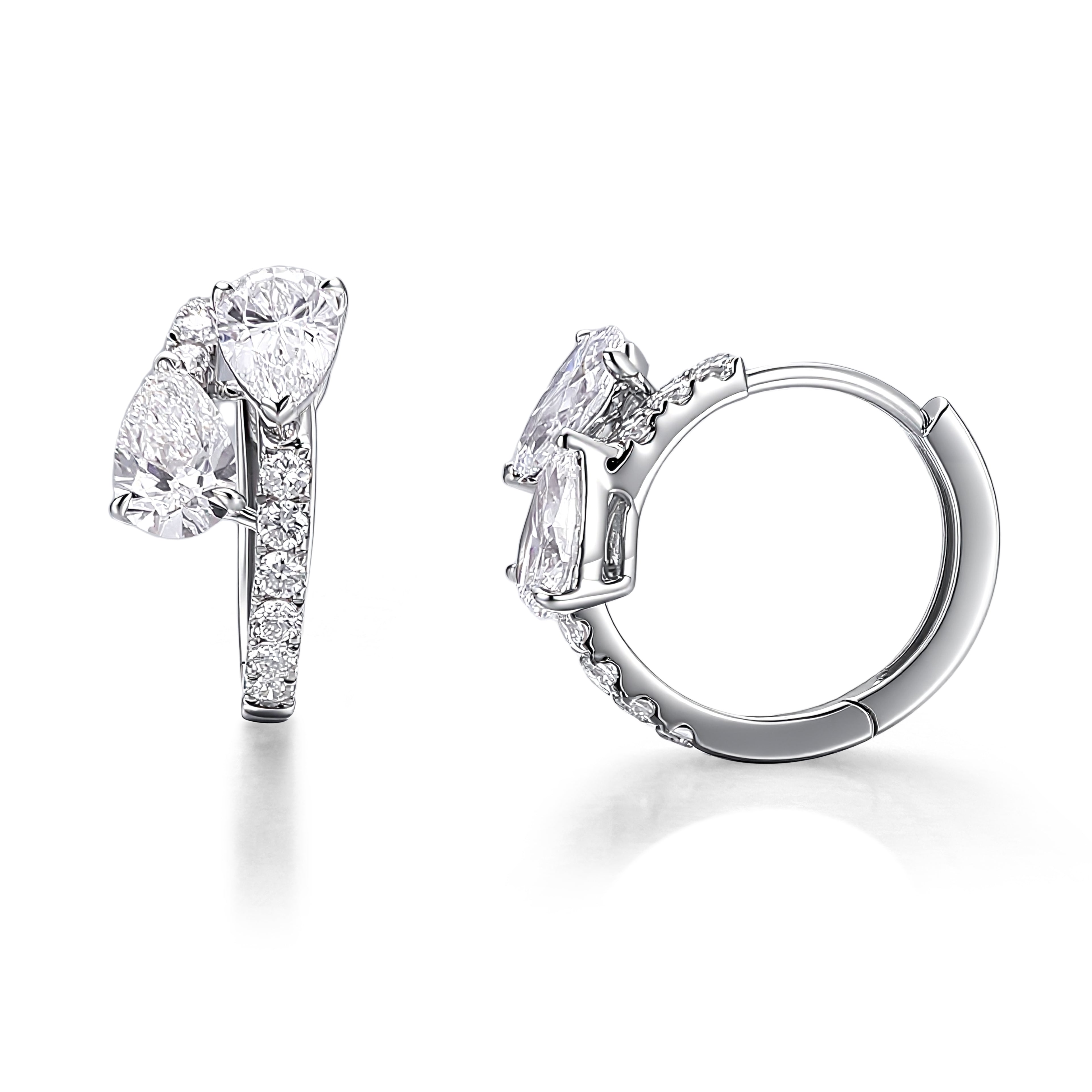 Stunning Pear and Round Lab Diamond Cluster Huggie Earrings in 18k White Gold