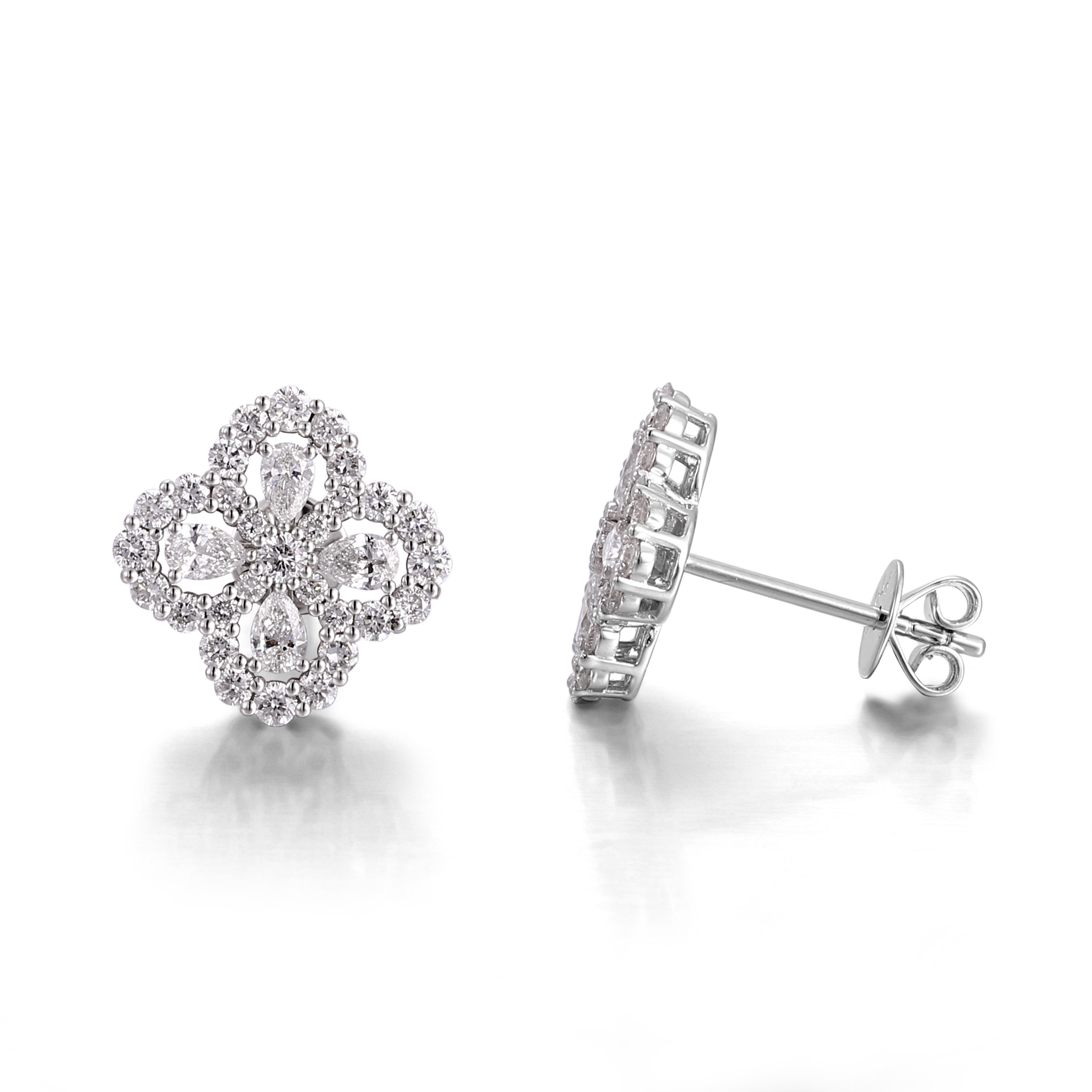 Four-Leaf Clover Stud Earrings featuring Pear Cut & Round Lab Grown Diamonds in 18K White Gold