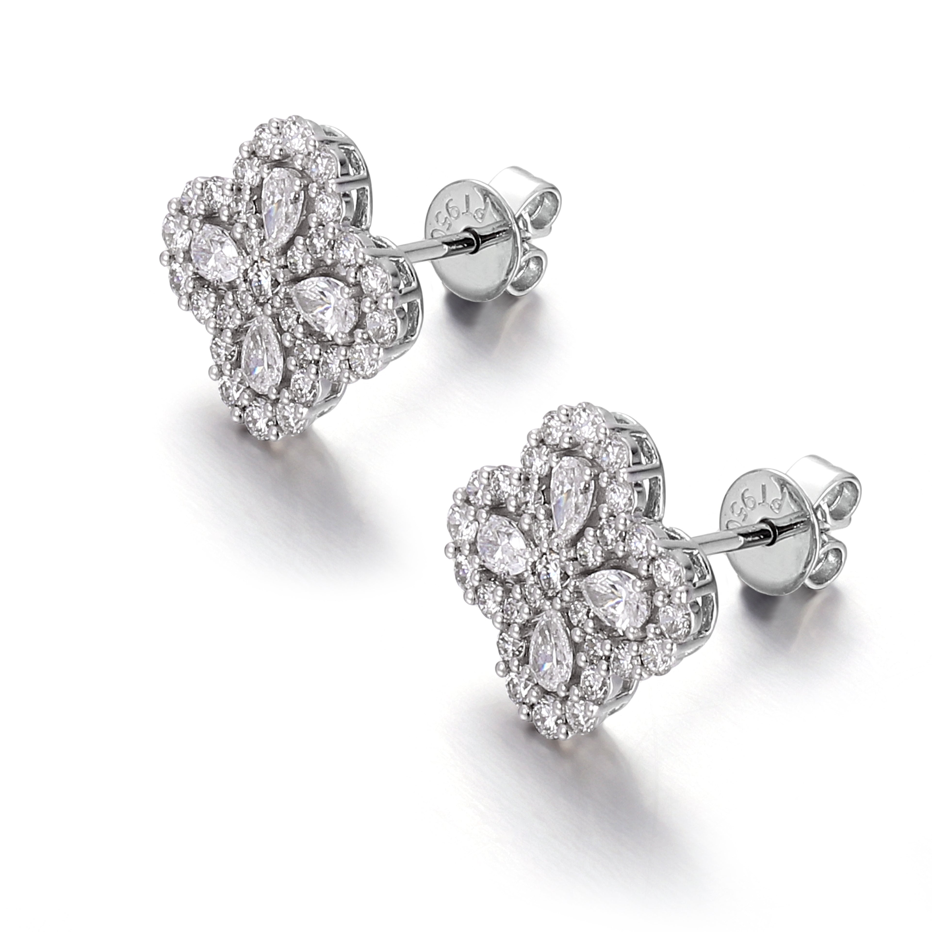 Four-Leaf Clover Stud Earrings featuring Pear Cut & Round Lab Grown Diamonds in 18K White Gold