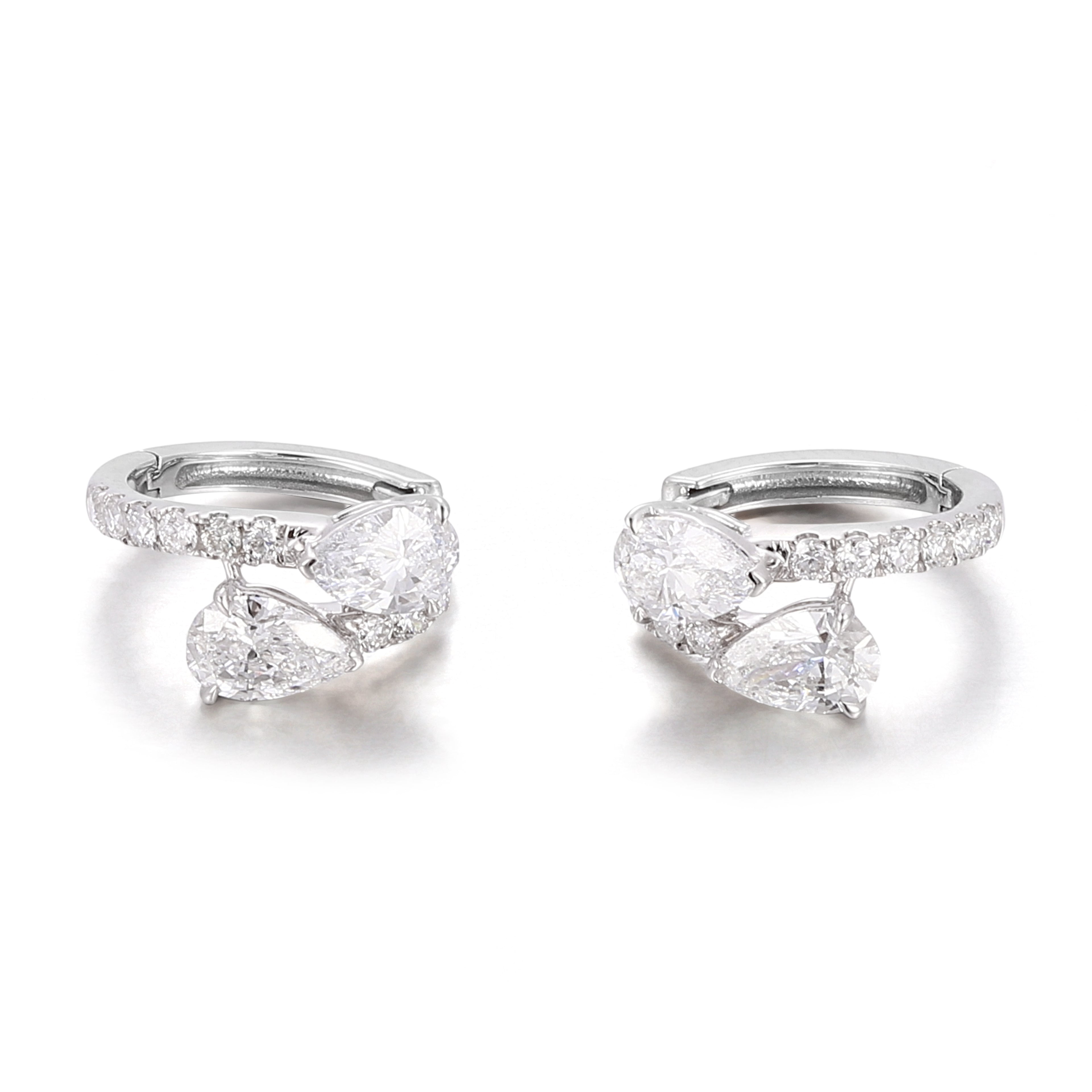 Stunning Pear and Round Lab Diamond Cluster Huggie Earrings in 18k White Gold