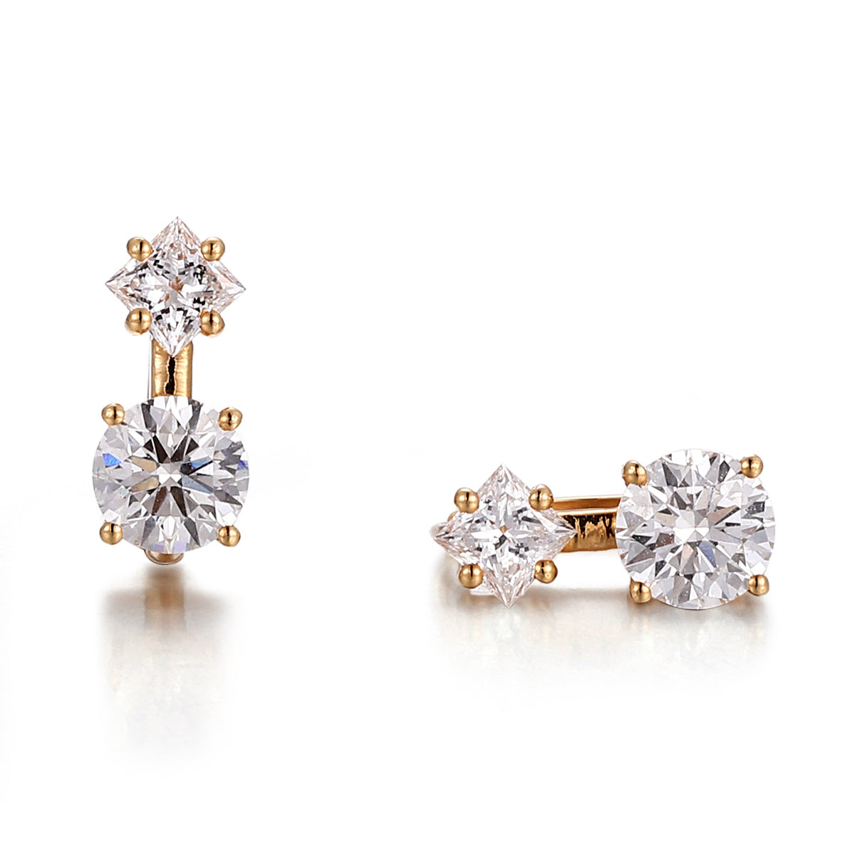 18K Yellow Gold Earrings with Princess & Round Lab grown Diamonds