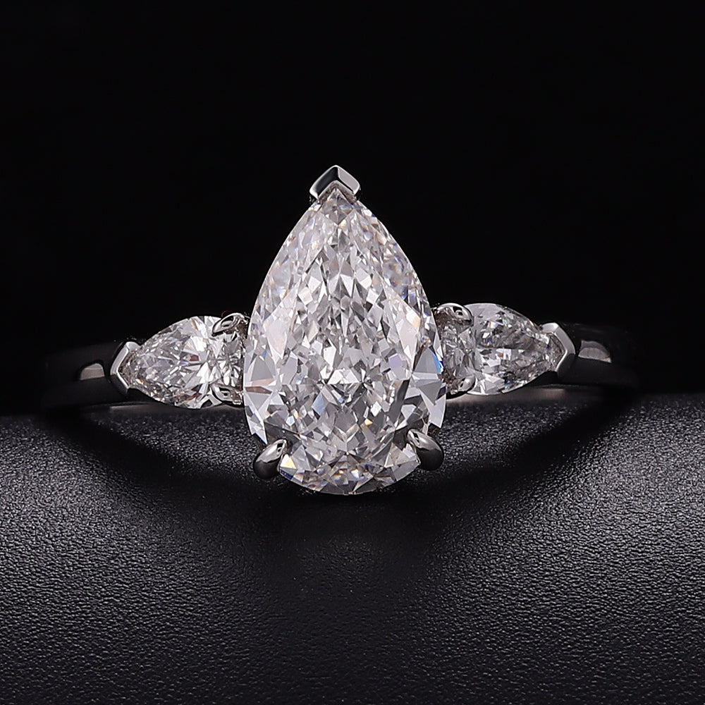 Breathtaking 2CT Pear Cut Lab Diamond Three Stone Ring