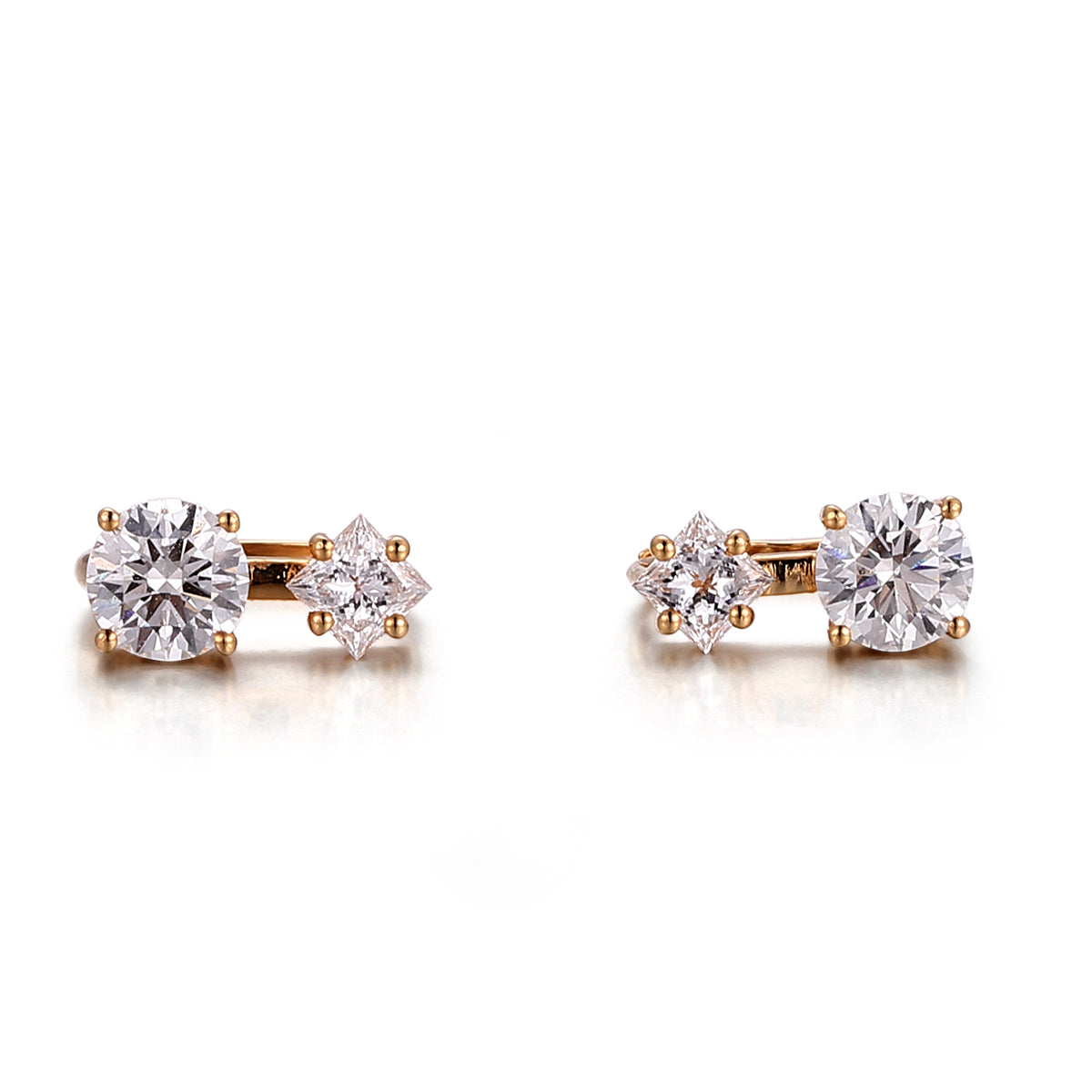 18K Yellow Gold Earrings with Princess & Round Lab grown Diamonds
