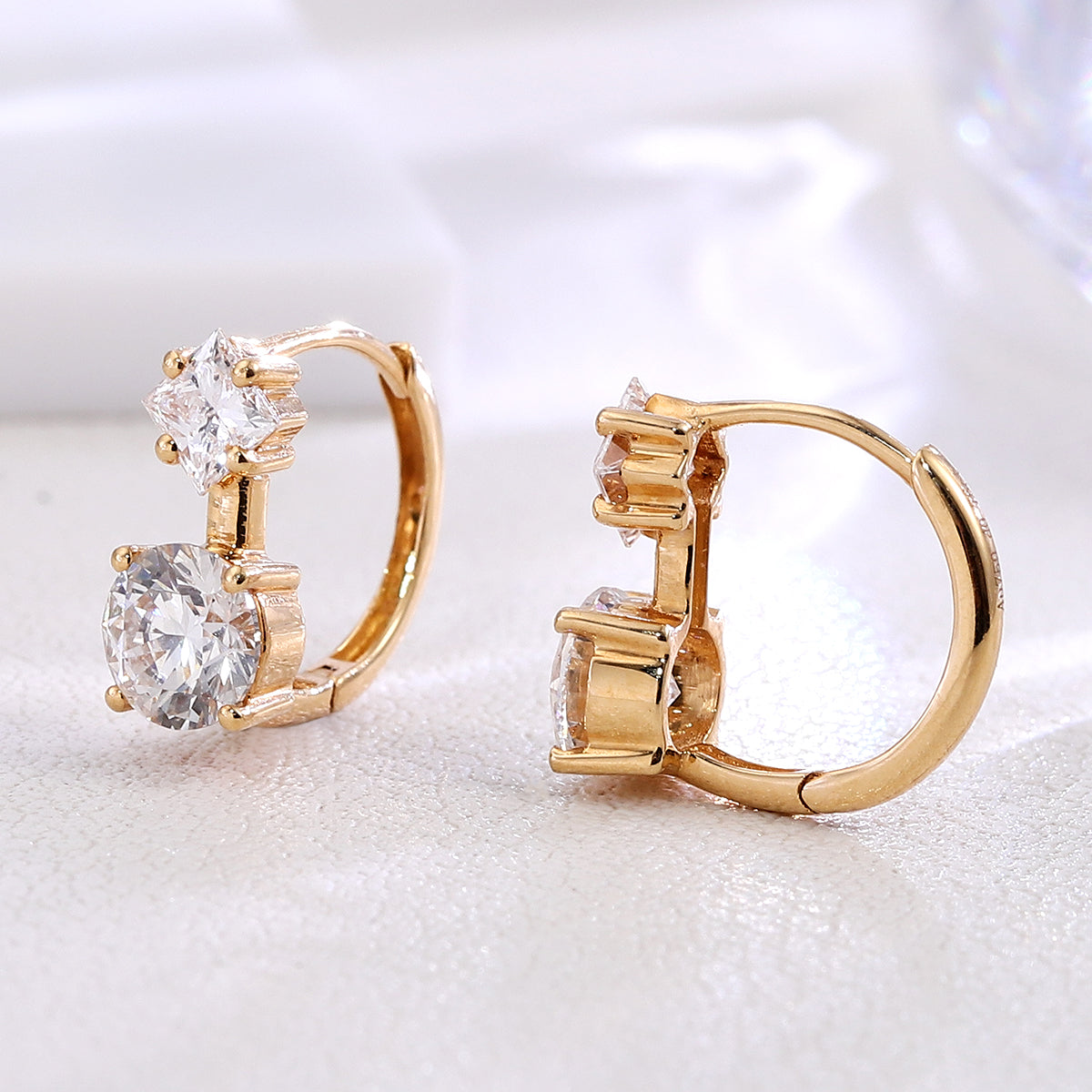 18K Yellow Gold Earrings with Princess & Round Lab grown Diamonds