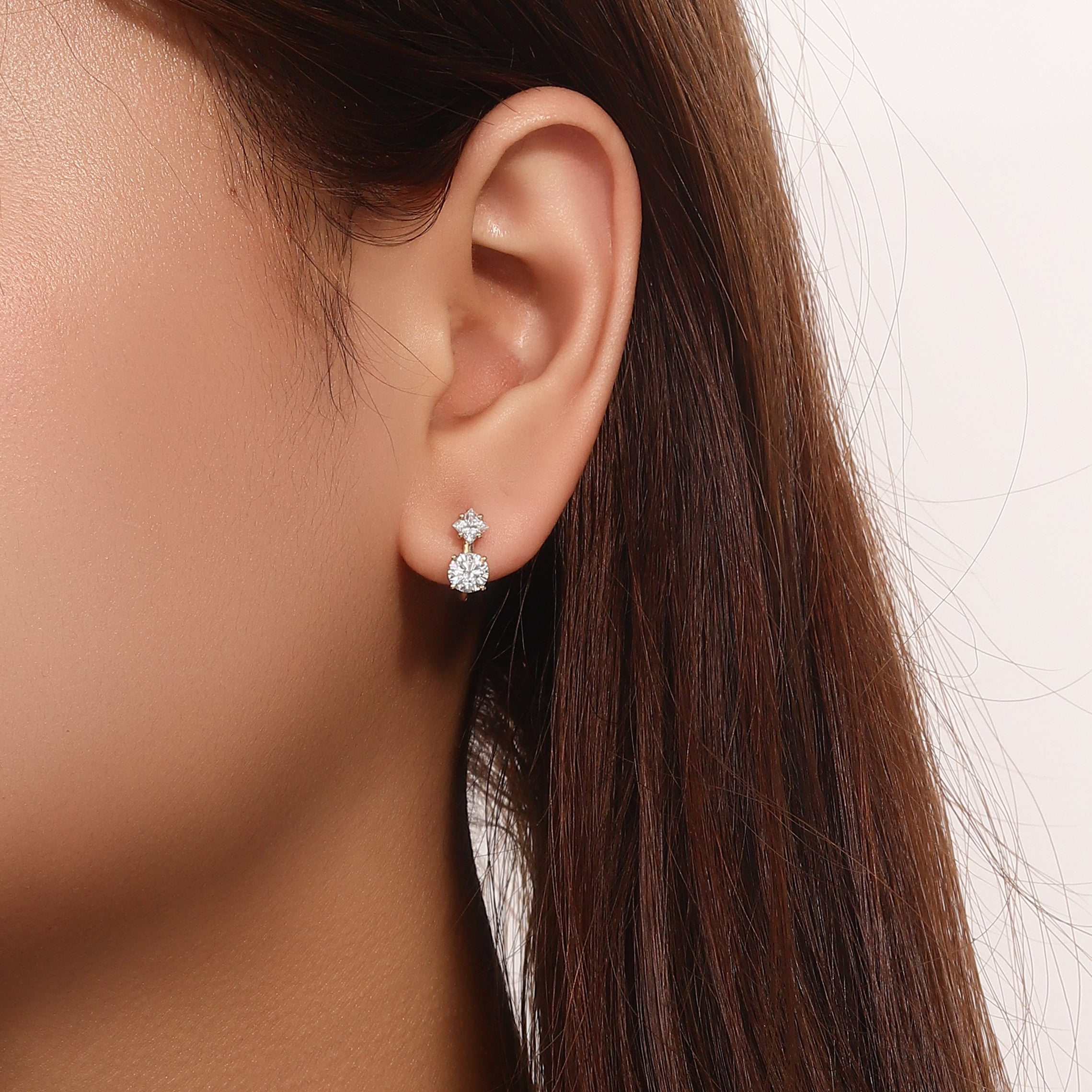 18K Yellow Gold Earrings with Princess & Round Lab grown Diamonds