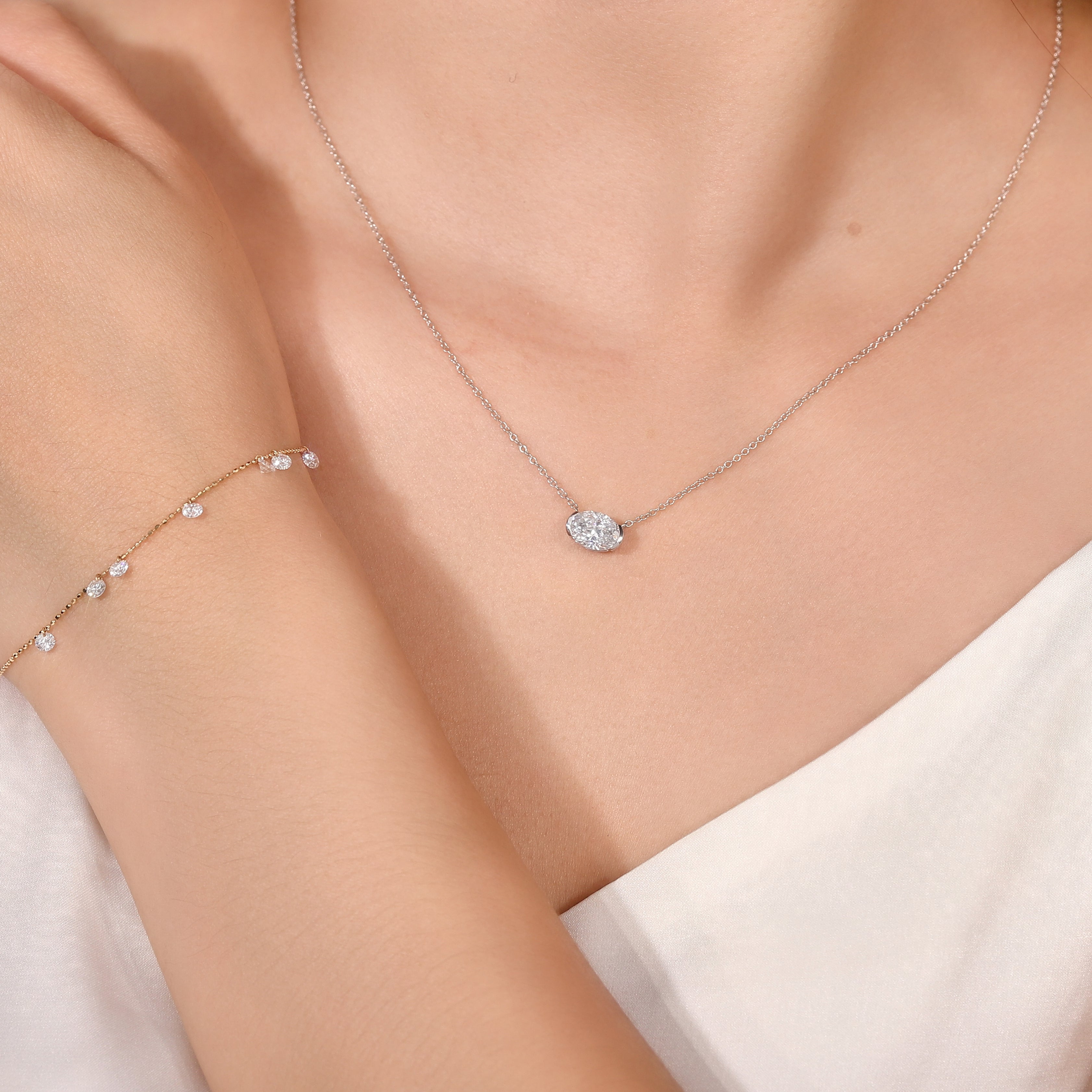 Diamond Solitaire Pendant Necklace | 1ctw Oval Lab Diamond in 18K White Gold