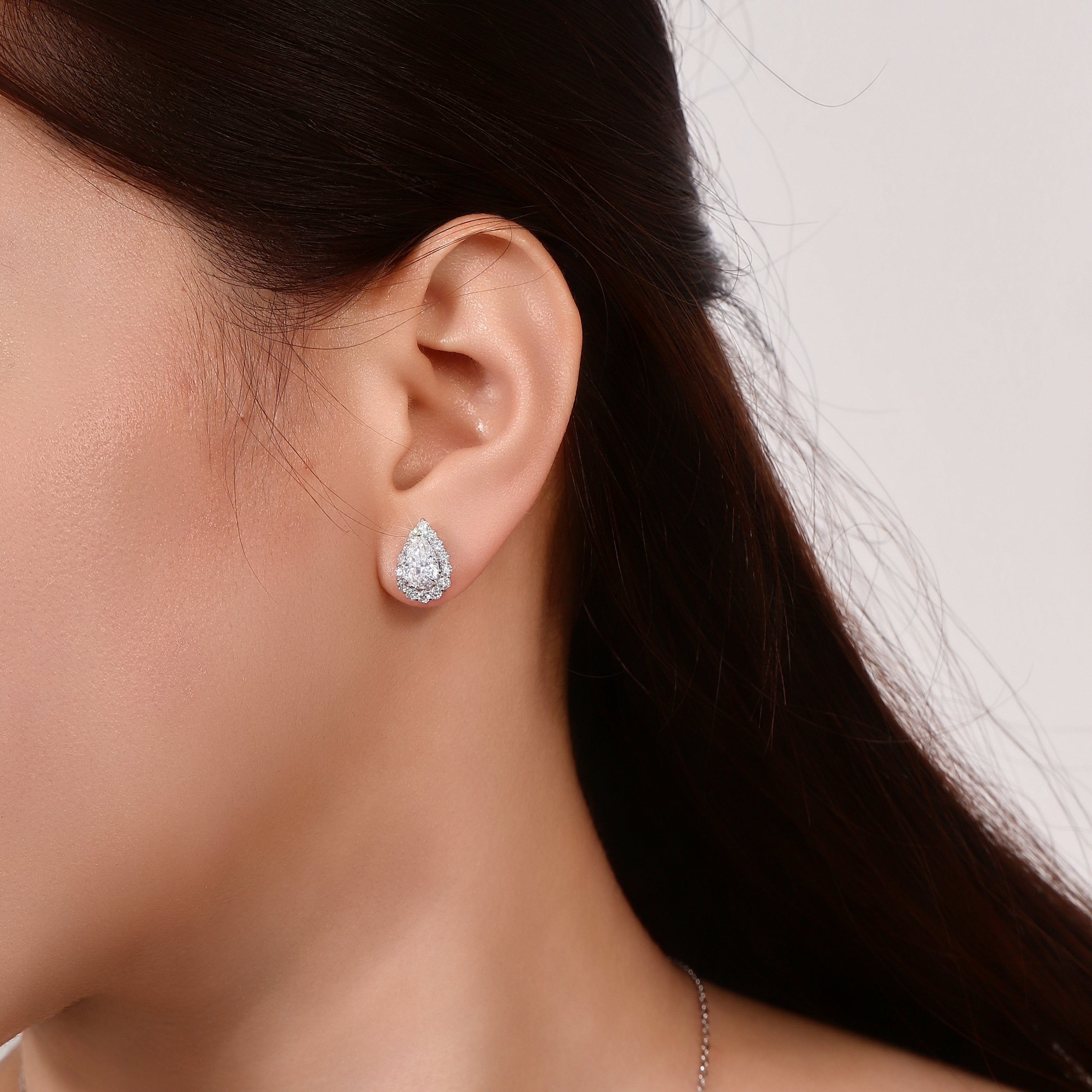Halo Pear Studs | Pear Cut Lab Grown Diamond Earrings with Micro-Pavé Halo in 18K White Gold