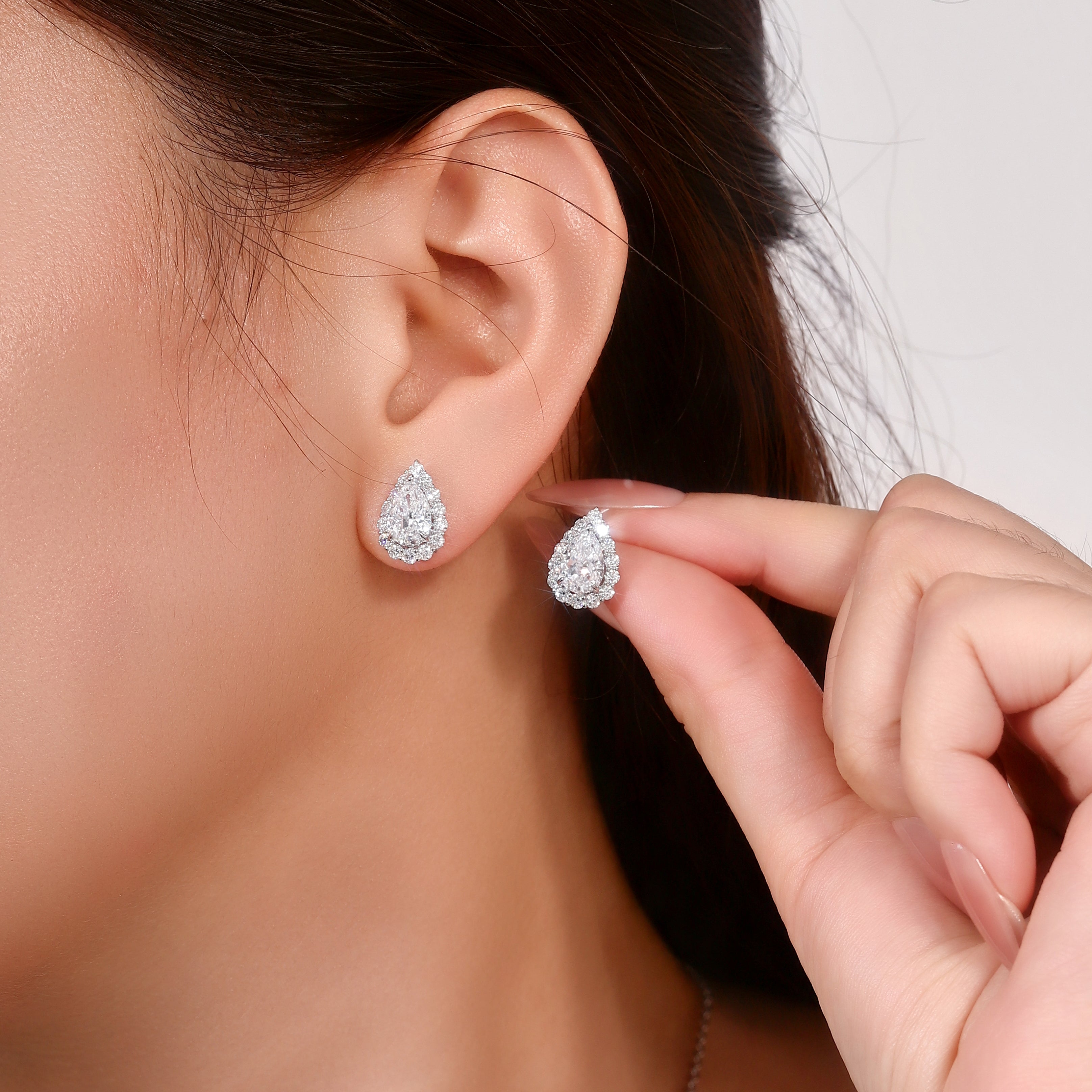 Halo Pear Studs | Pear Cut Lab Grown Diamond Earrings with Micro-Pavé Halo in 18K White Gold