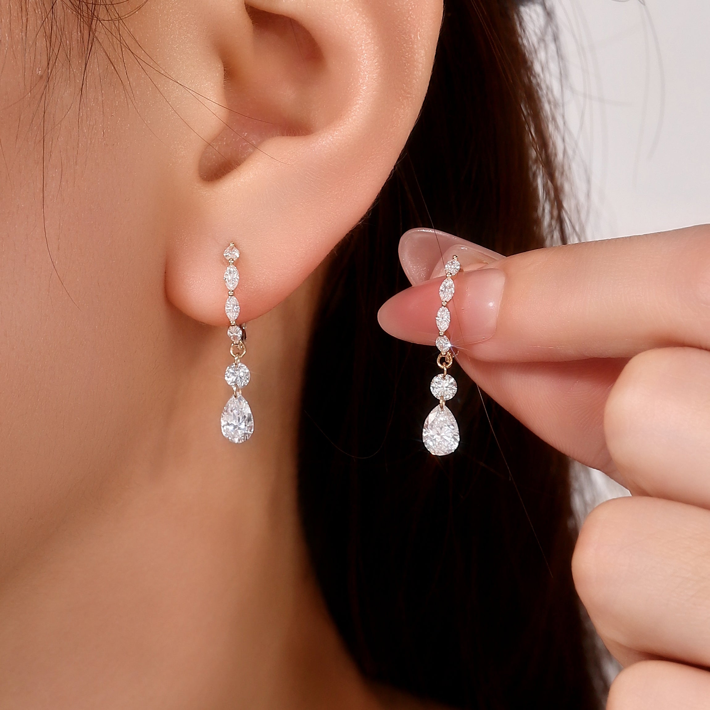 Pear Whisper Earrings | Pear & Marquise Lab grown Diamond Drop Earrings in 18K Yellow Gold