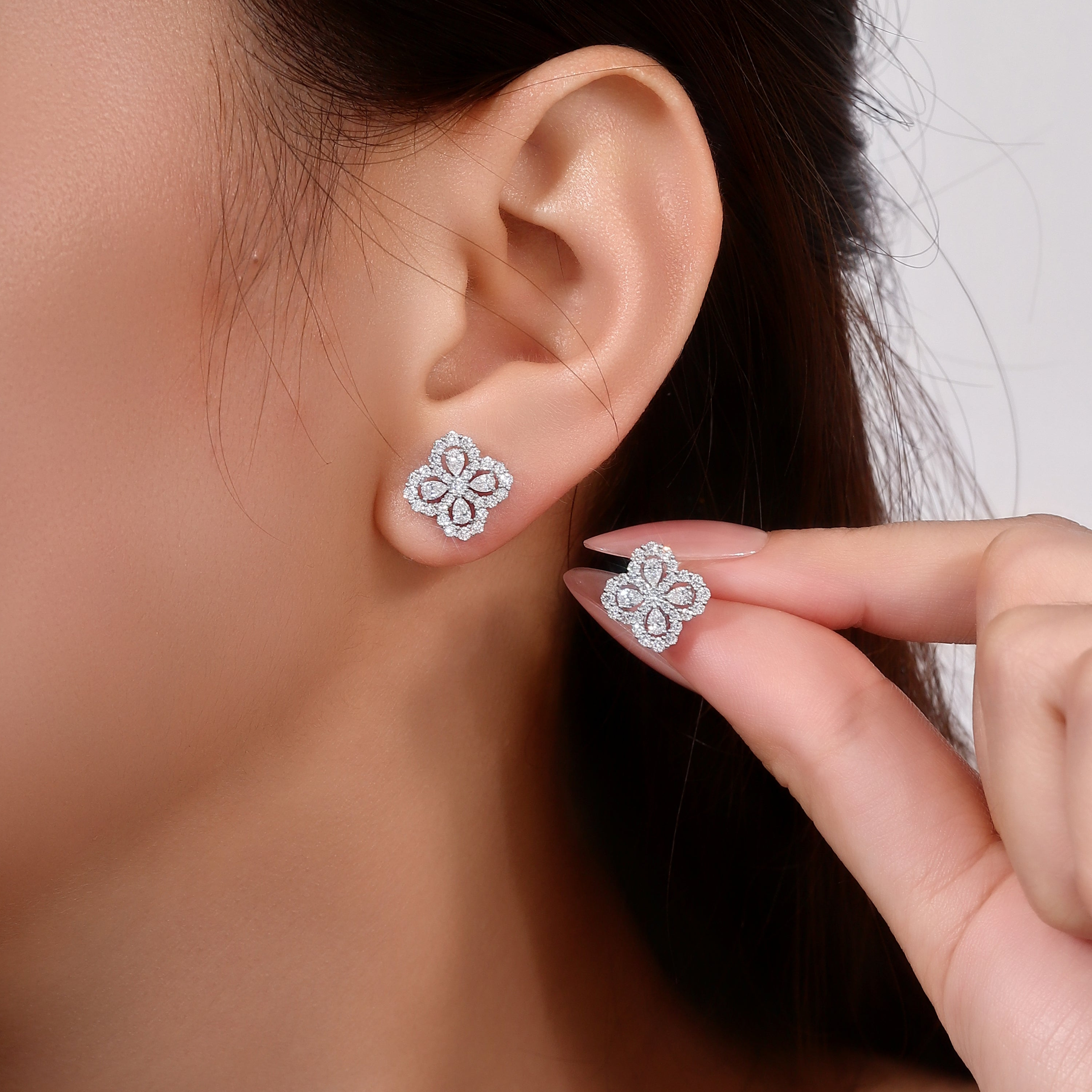 Four-Leaf Clover Stud Earrings featuring Pear Cut & Round Lab Grown Diamonds in 18K White Gold