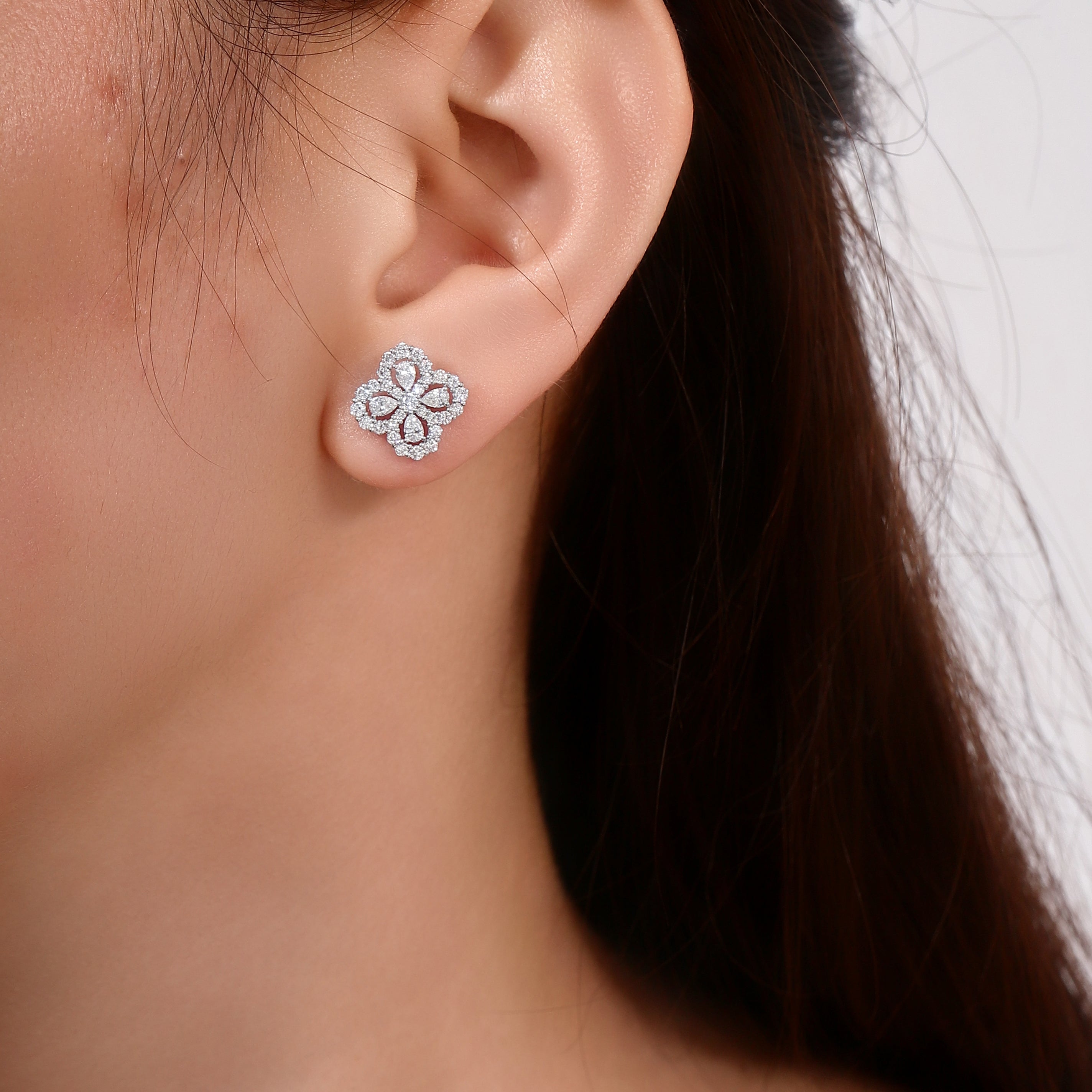 Four-Leaf Clover Stud Earrings featuring Pear Cut & Round Lab Grown Diamonds in 18K White Gold