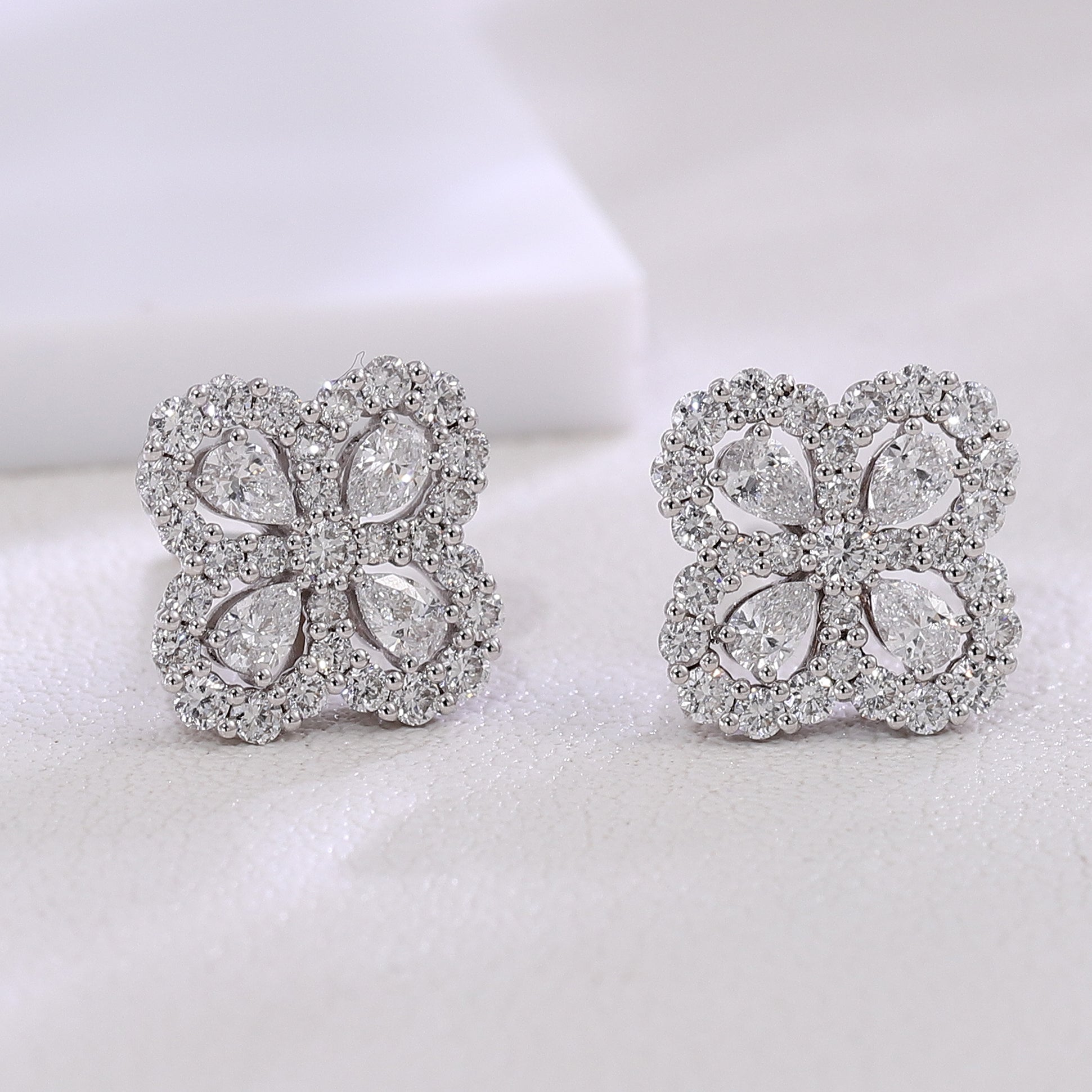 Four-Leaf Clover Stud Earrings featuring Pear Cut & Round Lab Grown Diamonds in 18K White Gold