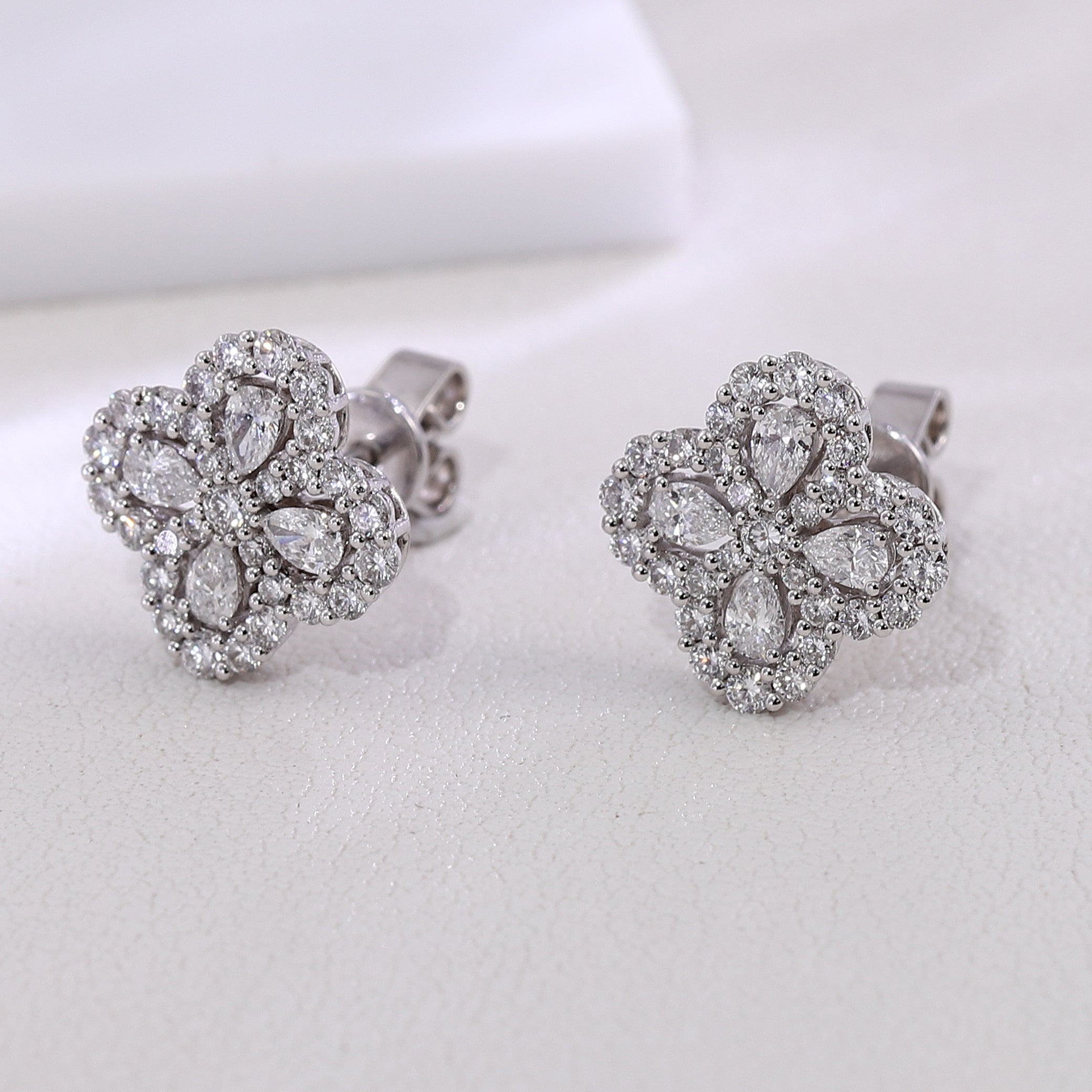 Four-Leaf Clover Stud Earrings featuring Pear Cut & Round Lab Grown Diamonds in 18K White Gold