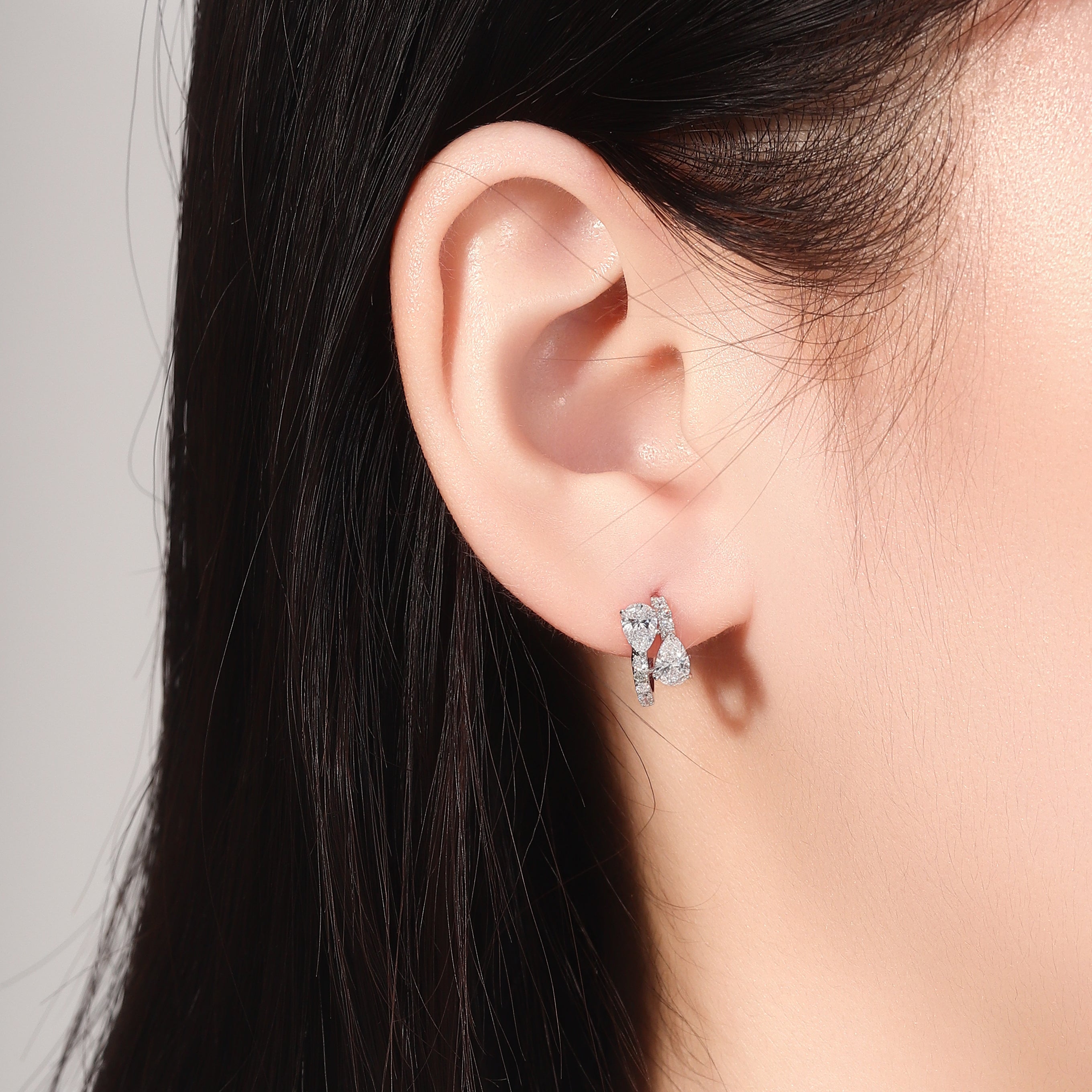 Stunning Pear and Round Lab Diamond Cluster Huggie Earrings in 18k White Gold