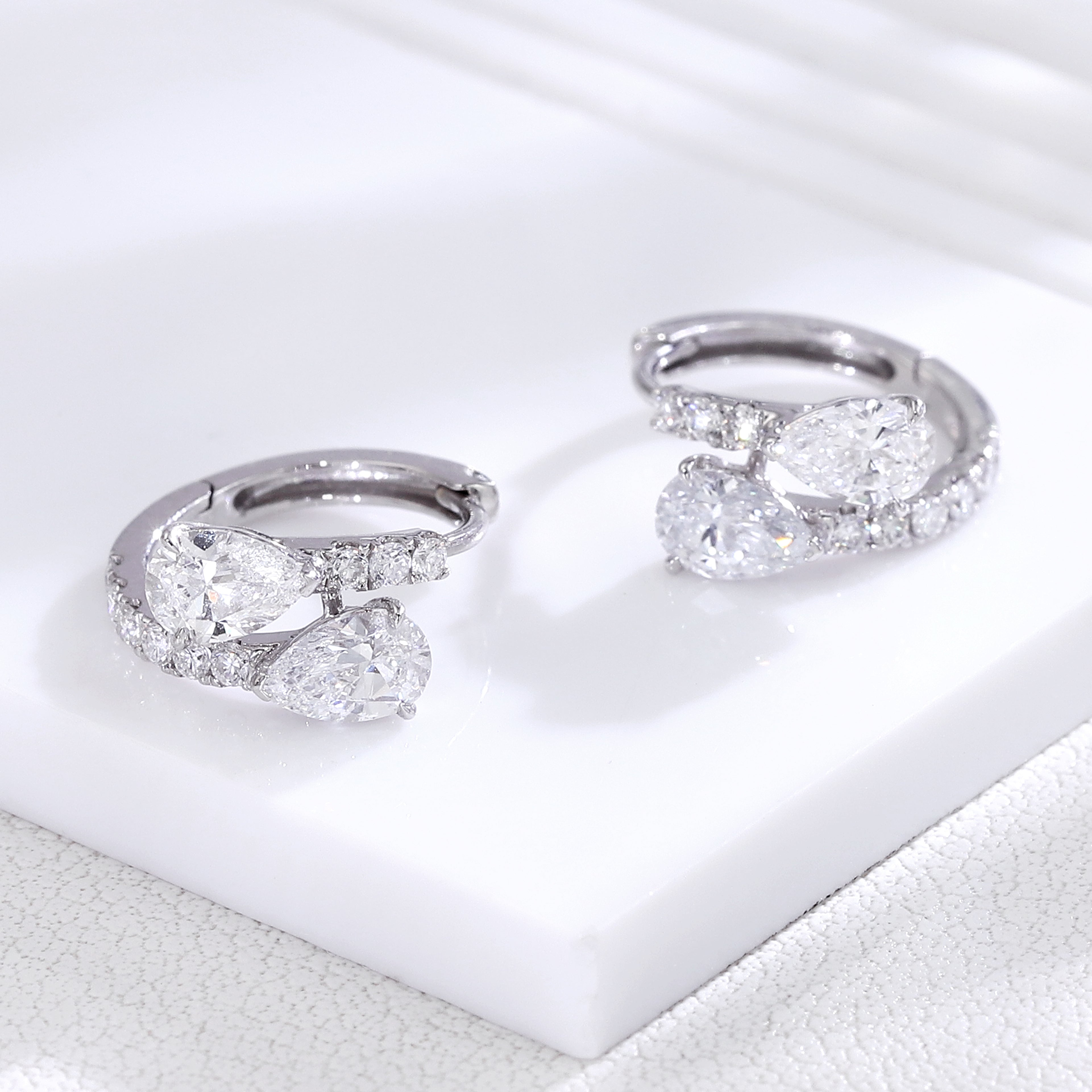 Stunning Pear and Round Lab Diamond Cluster Huggie Earrings in 18k White Gold