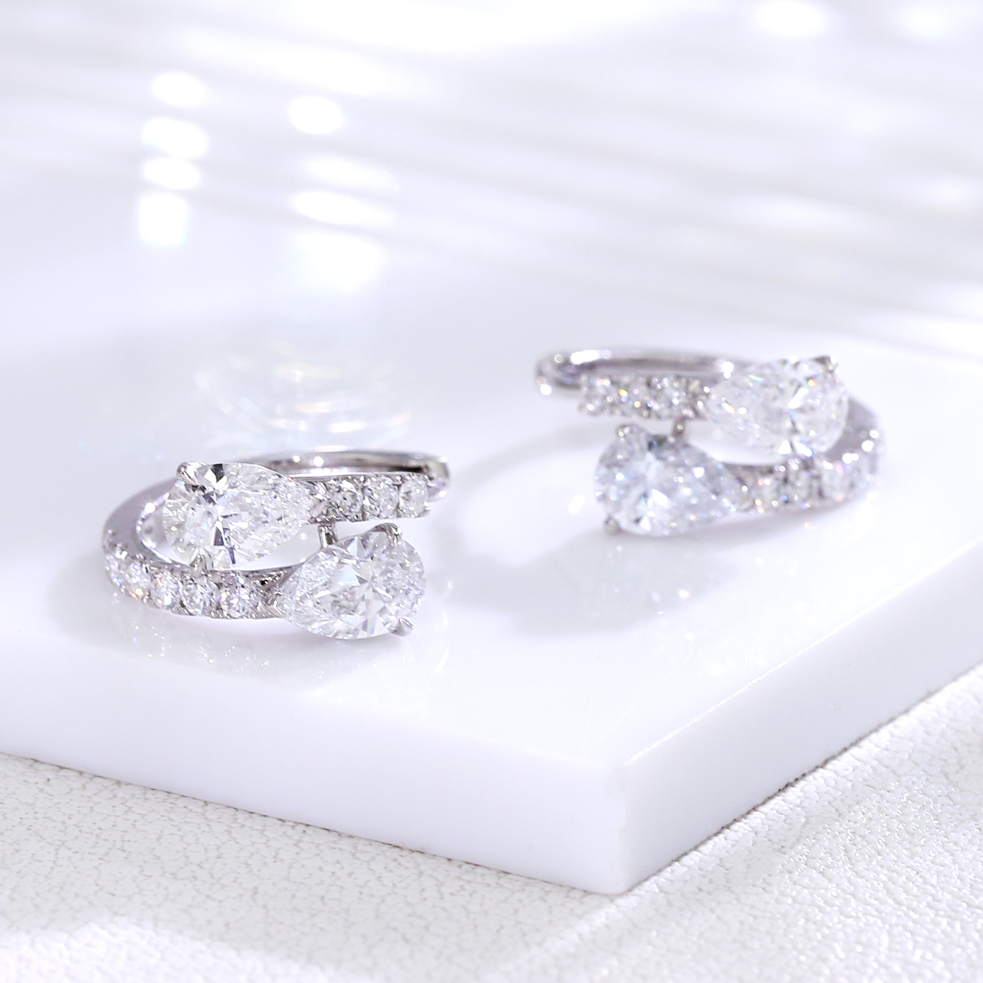 Stunning Pear and Round Lab Diamond Cluster Huggie Earrings in 18k White Gold