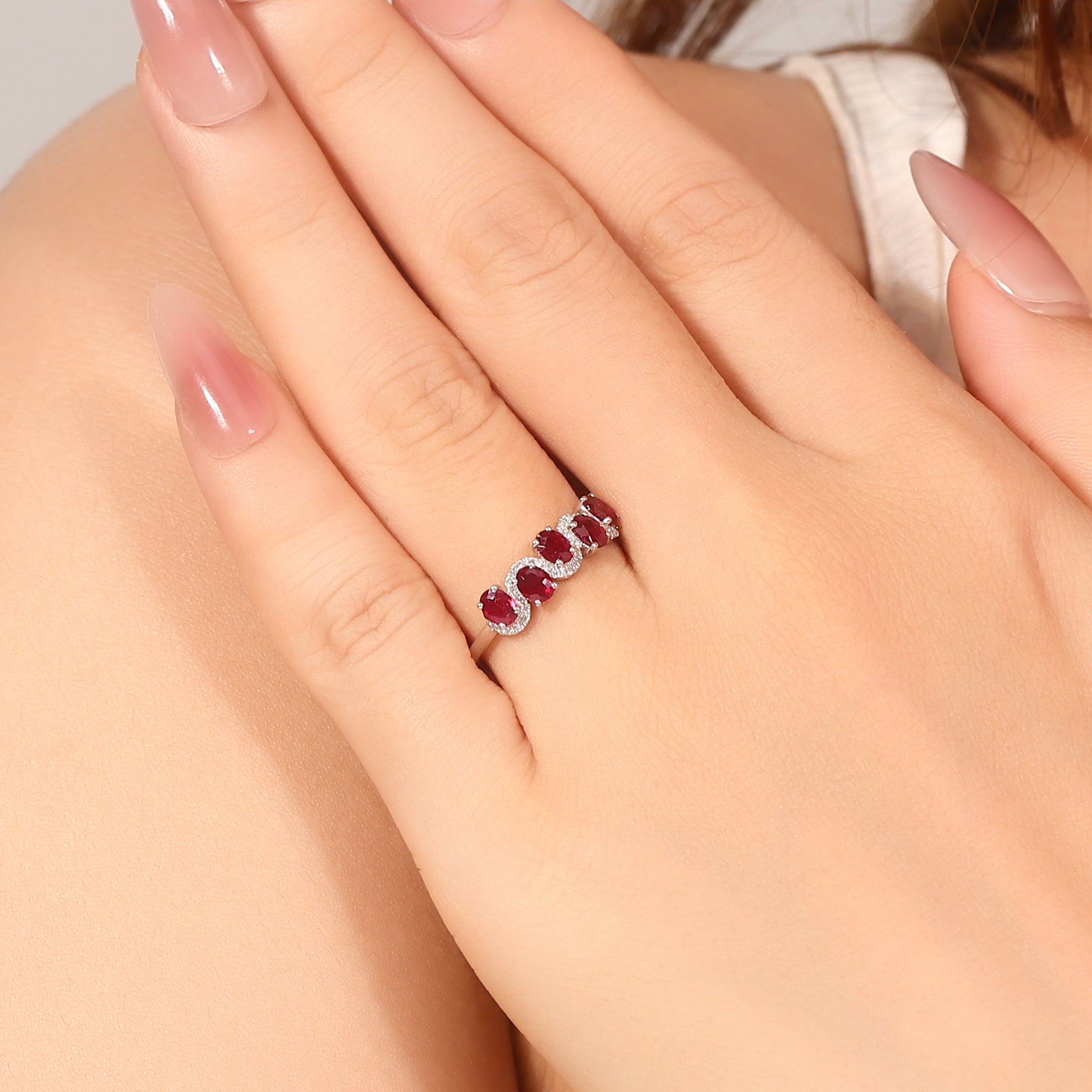 Ruby Oval Cluster Ring | Platinum Ring with Oval-Cut Rubies & Lab Diamond Halos