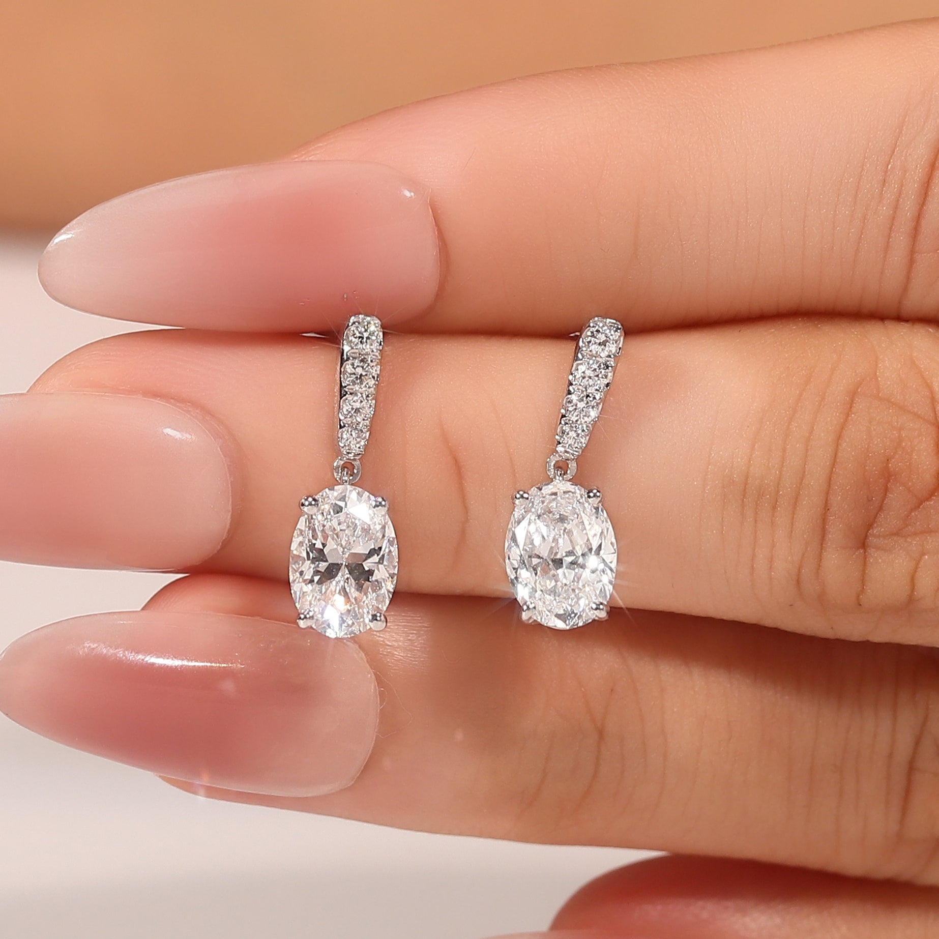 Oval Cascade Drop Earrings | Oval-Cut Lab Diamond in 18K White Gold with Diamond Arc Accents