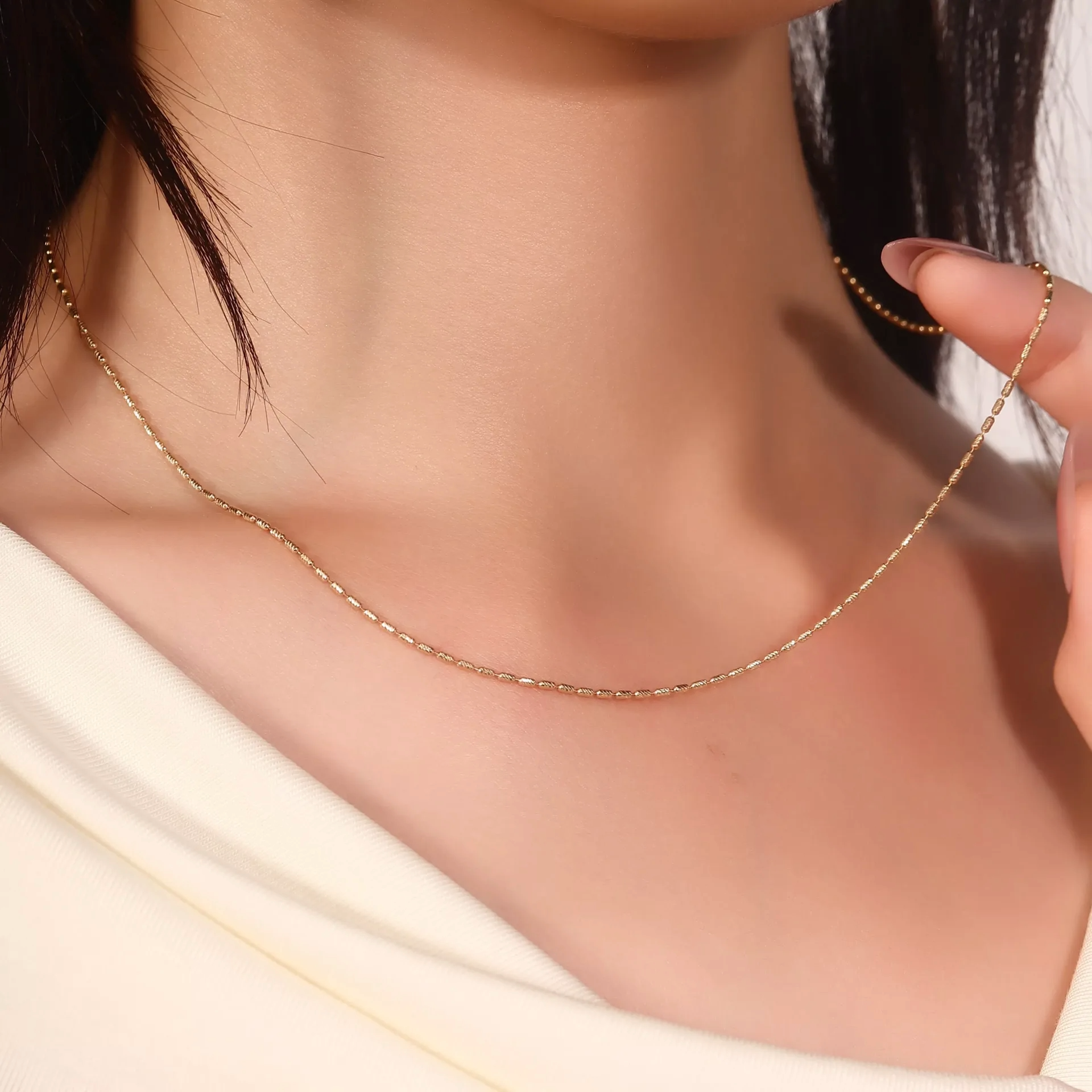 18K Yellow Gold Beaded Chain with Adjustable Extension